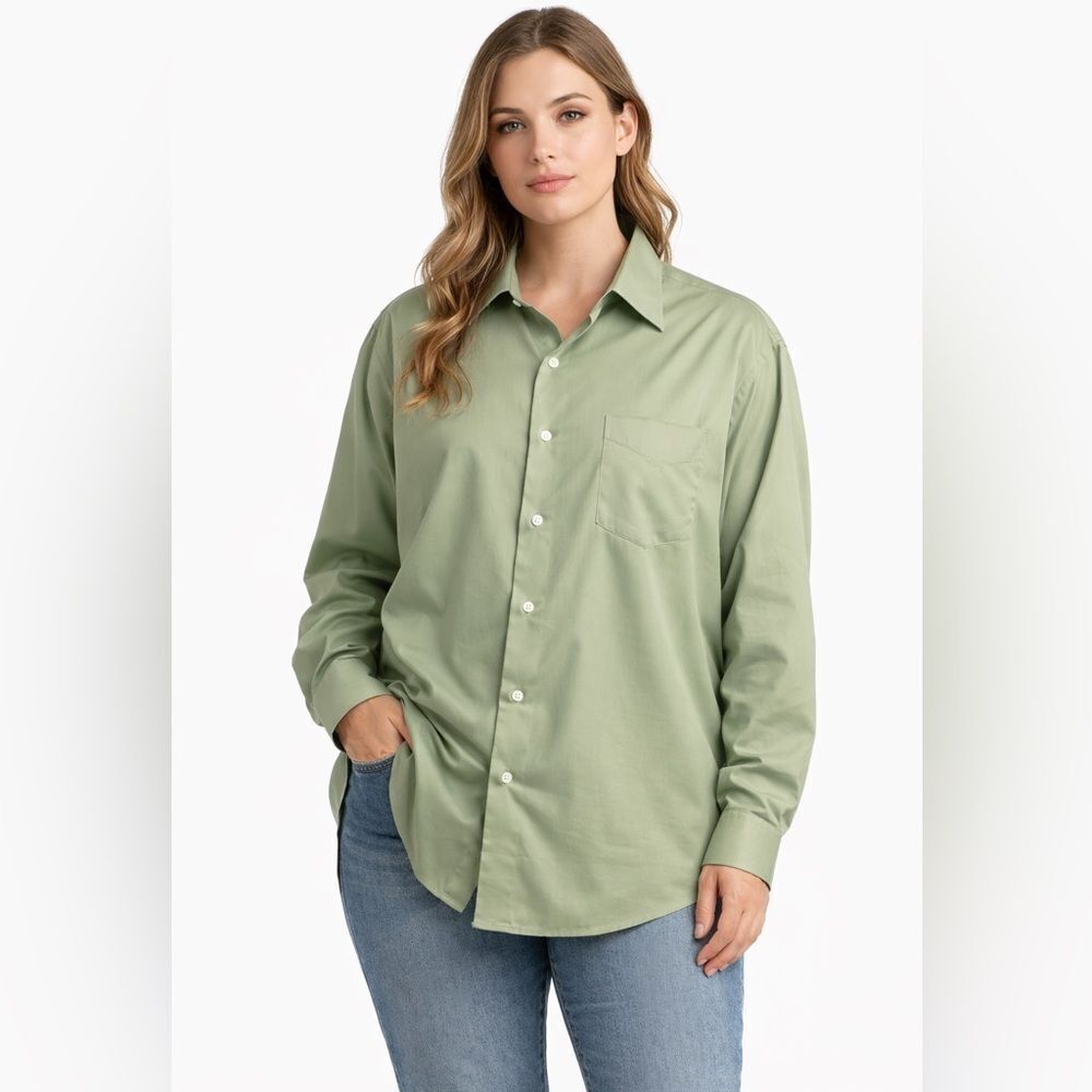 Geoffrey Beene Sage Green Sateen Button Down Shirt XL 17 34/35 Menswear